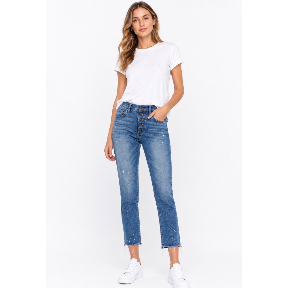 Veronica Beard Ines Girlfriend Jeans Blue Paint Splatter Button Fly Size 25